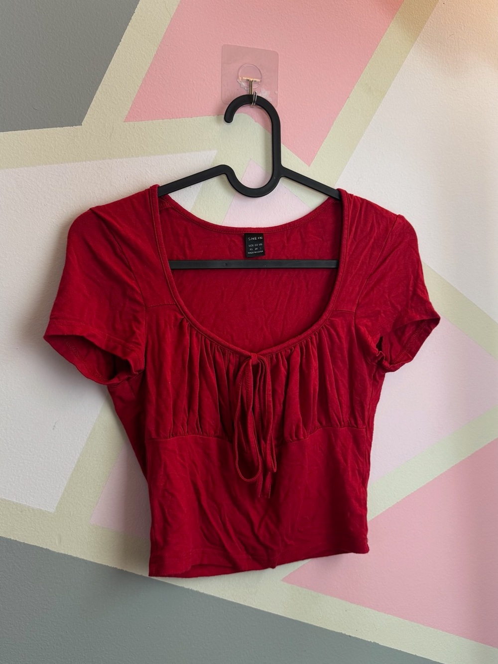 SHEIN Red Scoop-Neck Tie-Front Short Sleeve Crop Top